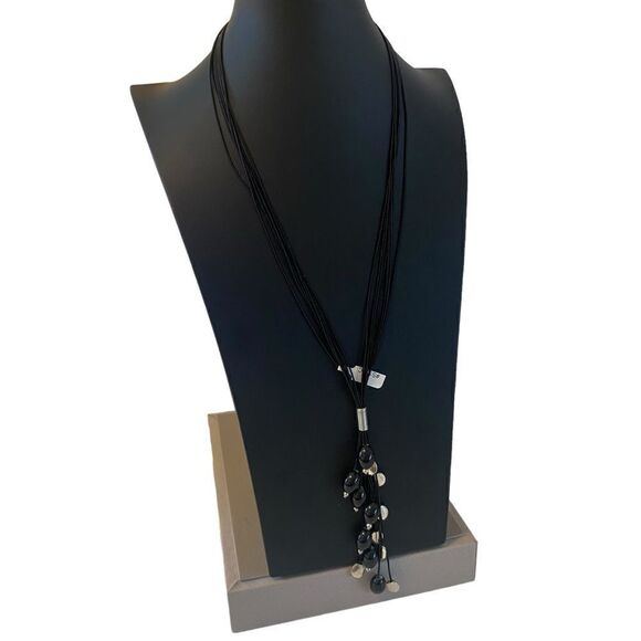 Multi-Strand Stretchy Silver Disc & Black Beaded Statement Necklace. - Picture 2 of 6